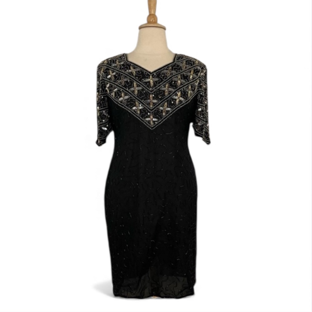 Vintage 100% Silk Sequin Beaded Short Sleeve Jewel Neck Sheath Dress‎